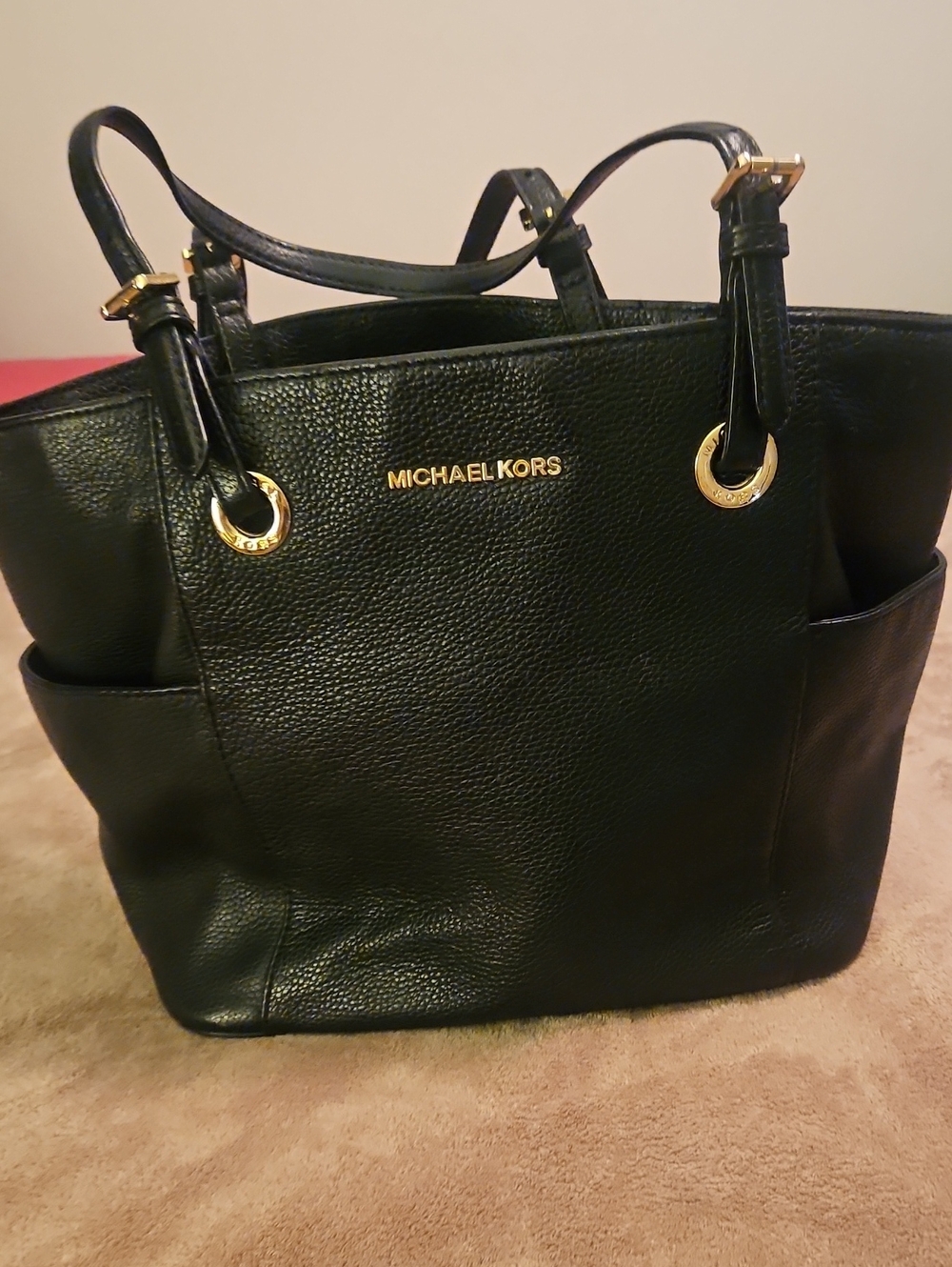 Michael Kors Black Leather Tote with Gold Hardware